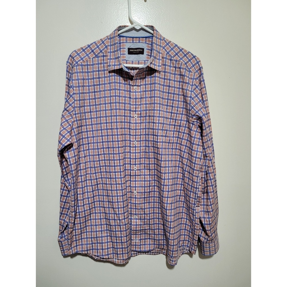 Johnston‎ & Murphy Button Down Shirt Mens L Orange Blue Plaid Cotton